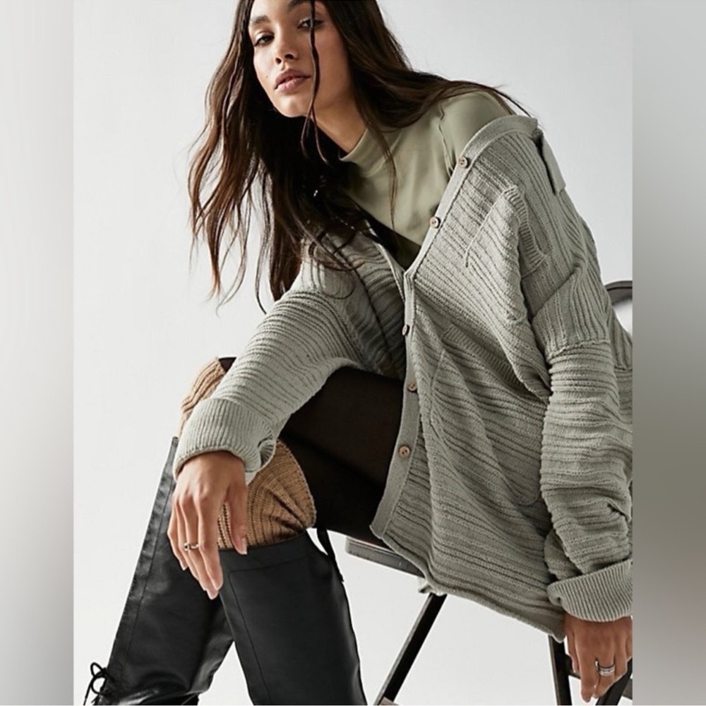 Free People Day Dreaming Collared Button Front Cardigan Grey Womens Size Medium